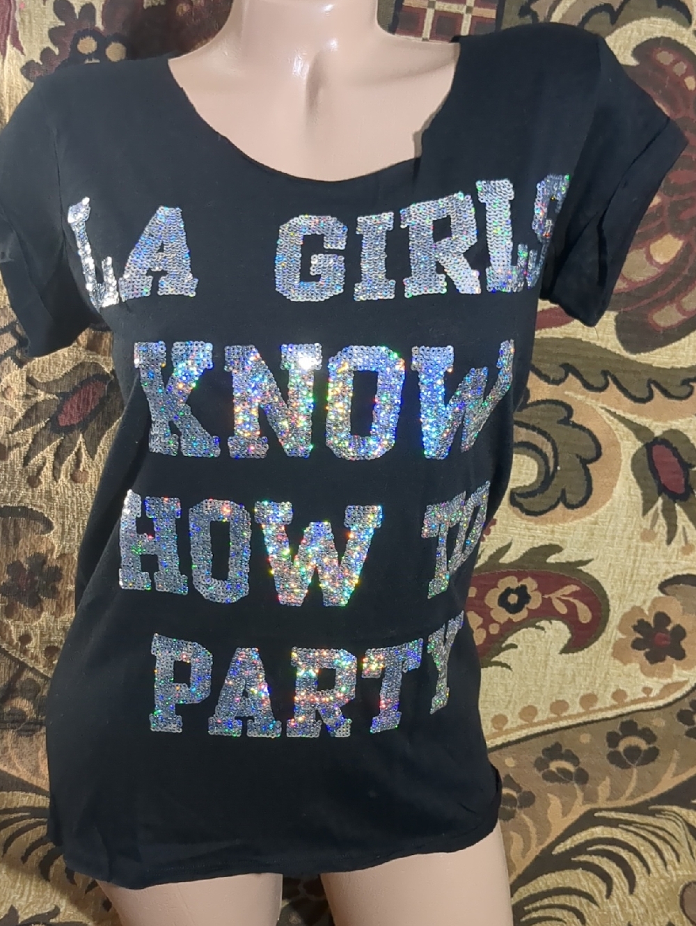 PINK Victoria's Secret Black Short Sleeve Tee with Holographic Sequin Text
